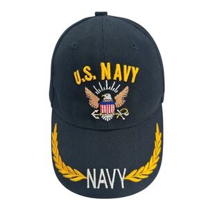 US Navy Cap Embroidered Eagle Gold Leaf Adjustable One Size Black Military Hat